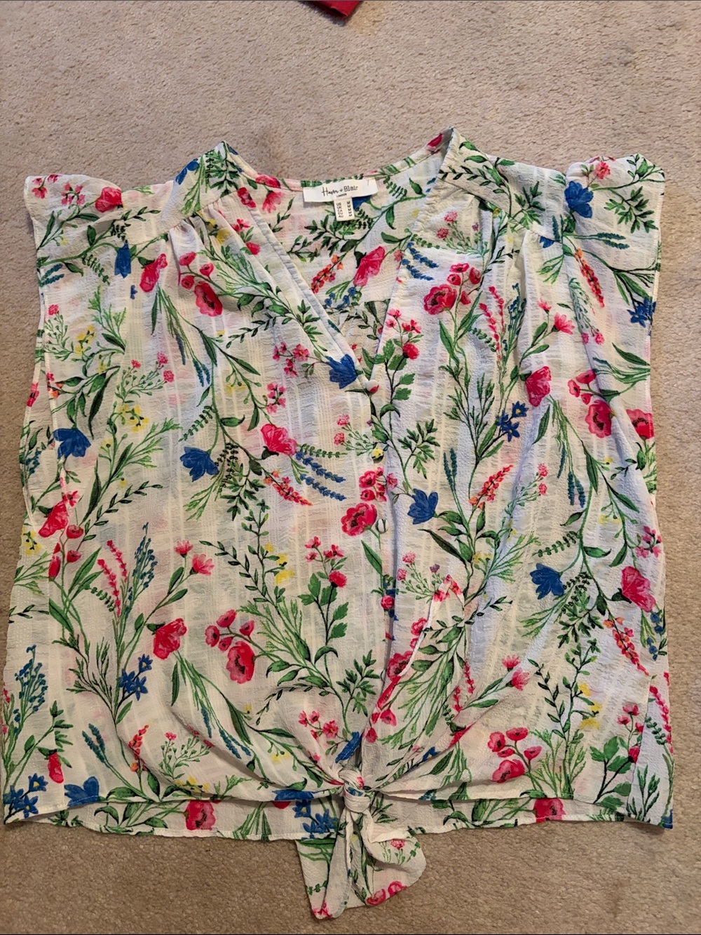 Floral Tie-Front V-Neck Blouse - White with Pink & Blue Floral Print